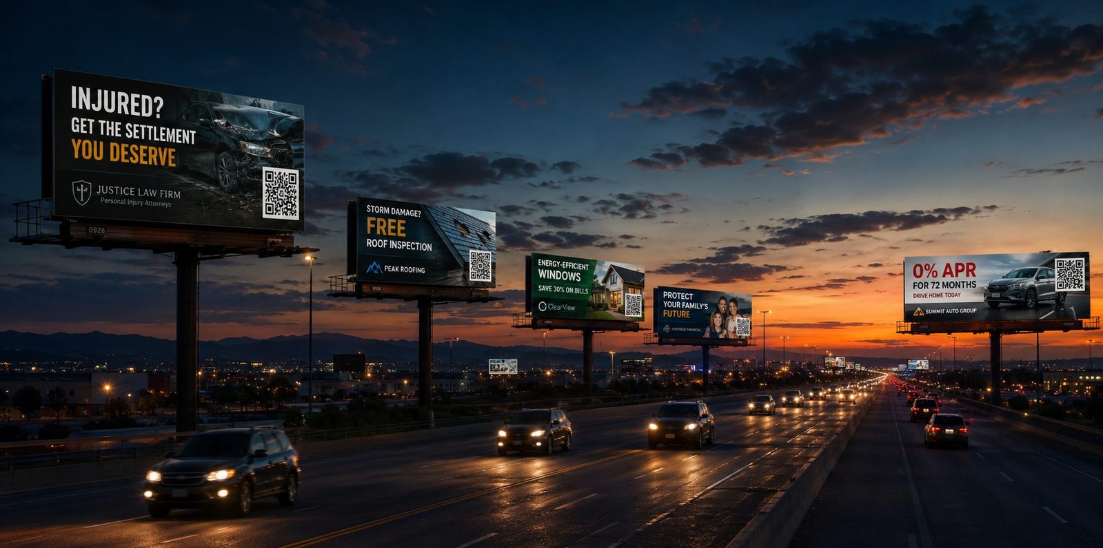 Twilight highway lined with billboards for law, roofing, windows, financial, and auto advertisers &mdash; each carrying a tracked entry point