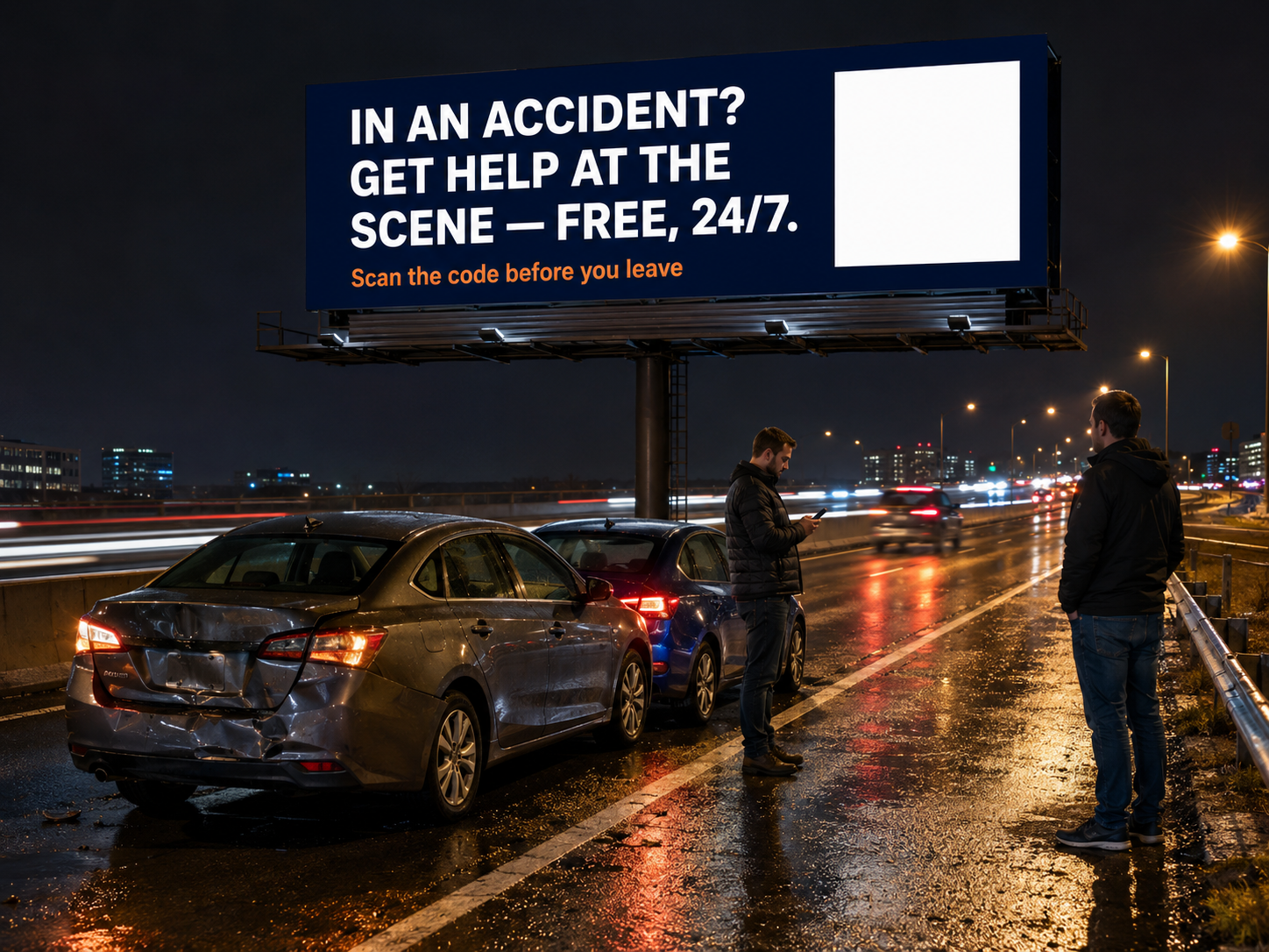 Night highway accident scene beneath a lit navy billboard reading: In an accident? Get help at the scene — free, 24/7.